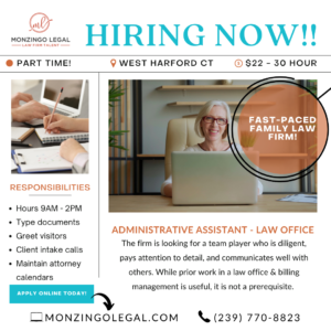 administrative assistant job in hartford for a law firm