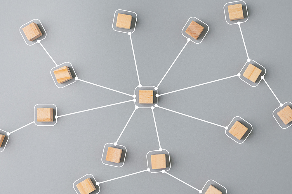 wooden cube block arrange for management thinking diagram on grey background. business process and workflow system concept.